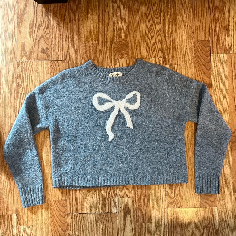 Jessica Simpson Blue Sweater with White Bow Size L